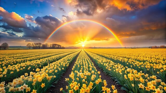 field of daffodil flowers at sunset with a rainbow in the sky high angle view
