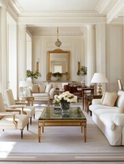 A bright, elegant living room featuring classic furniture, a large mirror, stylish decor, and floral arrangements, creating a luxurious ambiance.