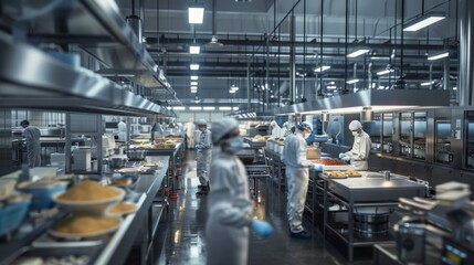 Naklejka premium A busy restaurant kitchen with workers wearing white coats and gloves