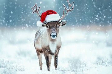 Reindeer wearing Santa hat in snow. Perfect for winter, Christmas, and holiday designs.