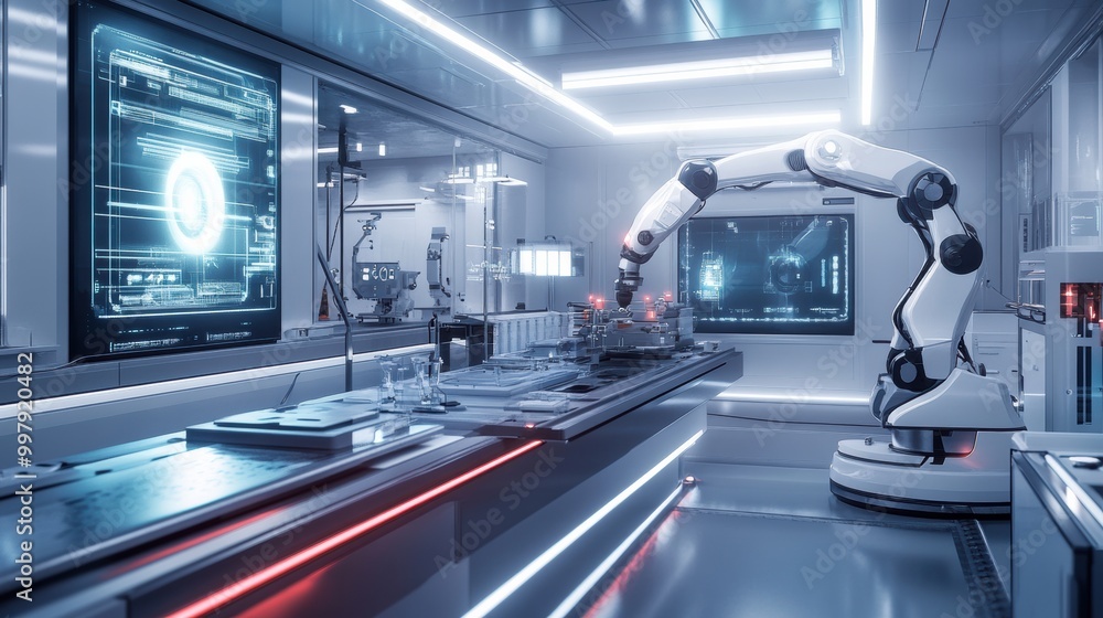 Poster the robotic arm works efficiently, assembling intricate machinery within a sleek, modern laboratory 