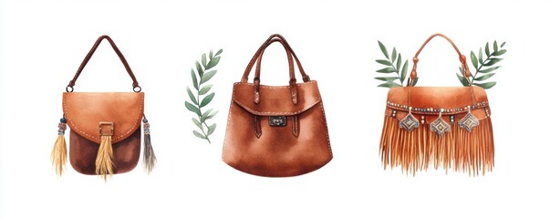 Fototapeta na wymiar Three stylish brown handbags with decorative elements and greenery in a minimalist setting.