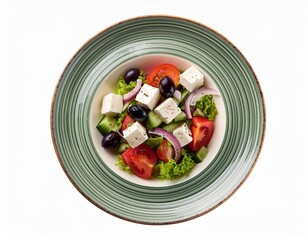 Indulge in a healthy and delicious Greek salad, featuring fresh vegetables, crumbled feta cheese, and a drizzle of olive oil