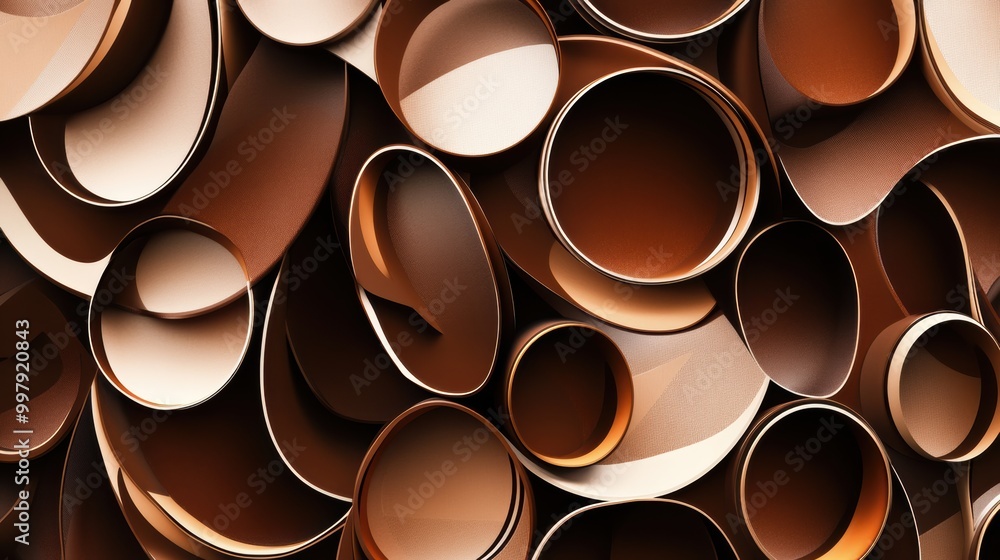 Poster Overlapping coffee cup rings form a dynamic abstract pattern with rich brown tones, creating an organic and visually striking design. Generative AI