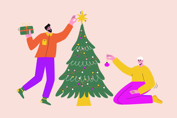 Friends preparing for Christmas holidays at home. Happy men decorating Xmas tree. Cartoon vector illustration.
