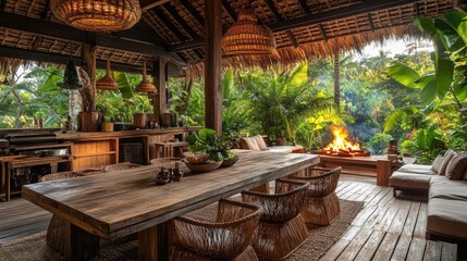 A rustic Filipino outdoor dining area with a large wooden table