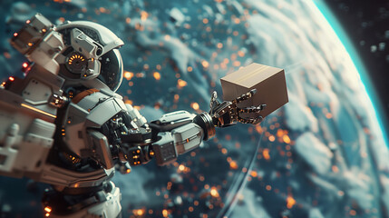 AI robot delivering cargo boxes in space, a futuristic and dynamic scene. The robots have white armor with blue details.  cardboard boxes are being carried in Earth's atmosphere. Future of logistics