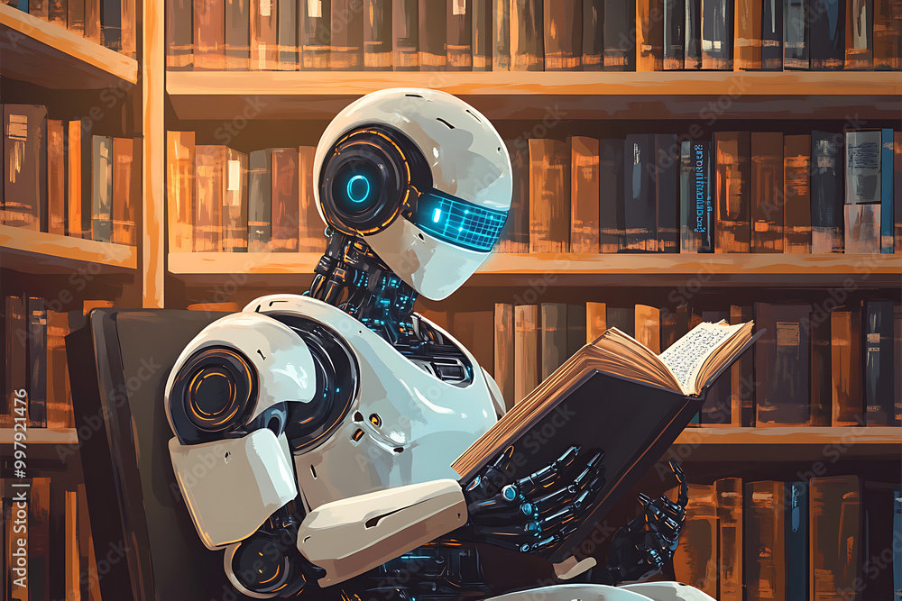 Poster a robot reading a book in a library, showcasing the blend of technology and knowledge.