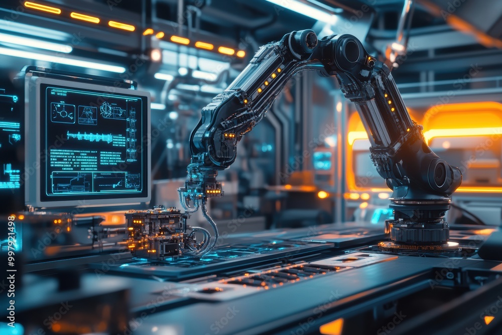 Fototapete a robotic arm meticulously assembles intricate machinery in a modern laboratory filled with glowing 