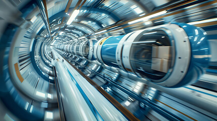 futuristic sci-fi style pneumatic tube for fast delivering of parcels and cargos. capsule, high-tech aesthetics and advanced logistics concept