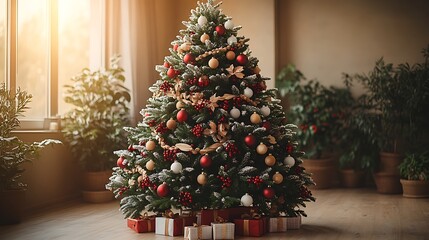 A Scandinavian-style Christmas tree decorated with minimalistic red and white baubles, natural wooden beads, and simple garlands, standing in a cozy room with a light wooden floor, neutral tones,