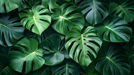 Monstera plant, top perspective with overlapping leaves, rich emerald greens, soft natural lighting casting intricate leaf shadows, minimal background