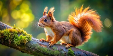 A playful squirrel sits on a tree branch, its fluffy tail waving and curiosity shining in its eyes,