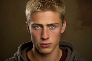 Obraz premium A young man with blonde hair and blue eyes is wearing a hoodie