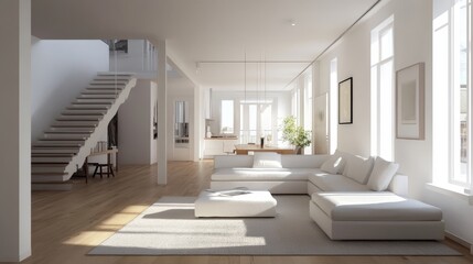 Fototapeta premium A contemporary Scandinavian minimalist living room. The spacious, uncluttered room features white walls and a minimalist white sofa.
