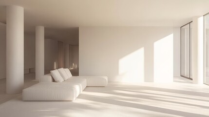 Fototapeta premium A contemporary Scandinavian minimalist living room. The spacious, uncluttered room features white walls and a minimalist white sofa.