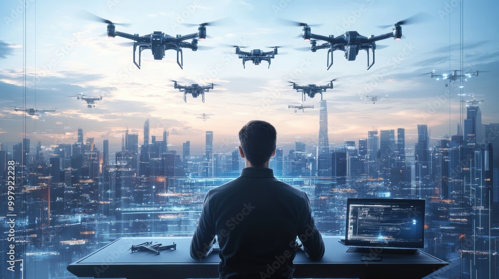 Aufkleber A drone pilot uses a touchpad to control multiple futuristic drones while monitoring a high-tech cityscape from a control center. Generative AI