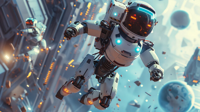  futuristic astronaut ai robot in, flying in space in action. A high-tech spaceship. Innovative exploration of of space. photorealistic 