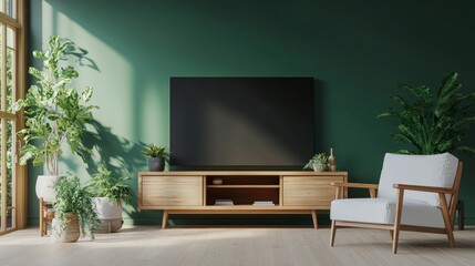 A Scandinavian living room with a wooden TV cabinet, green wall, and white armchair. 3D render.