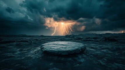 Fototapeta premium Ominous storm clouds swirl above a desolate rocky surface, lightning flashes over a solitary stone podium, casting dramatic shadows