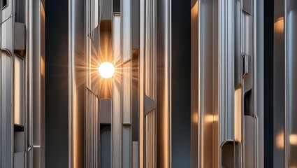 Obraz premium Abstract Architectural Background, Vertical Geometric Shapes, Sun Reflection