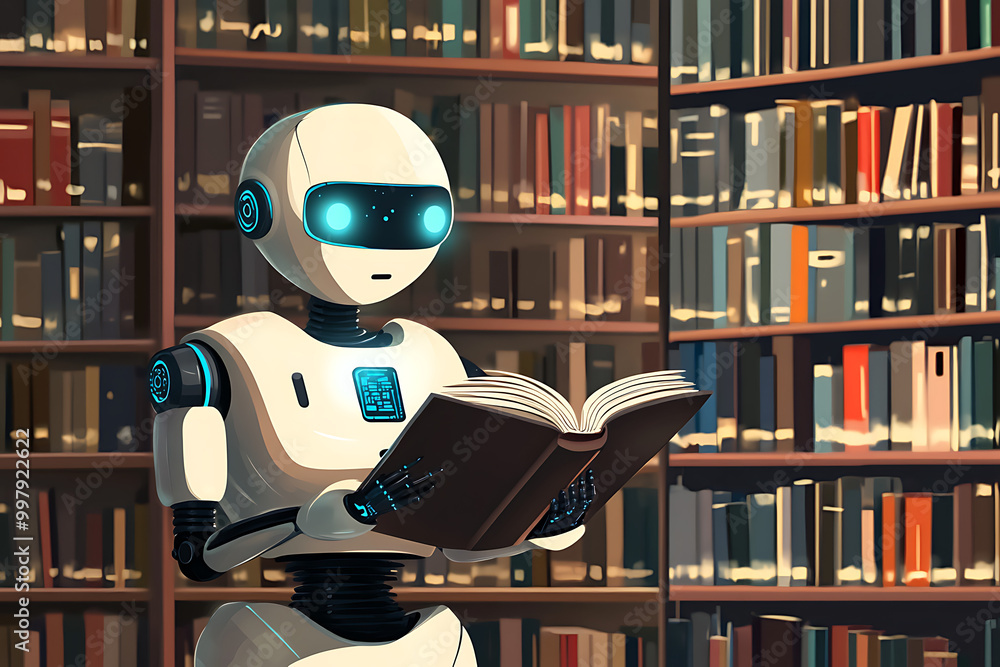 Poster a robot reading a book in a library filled with bookshelves.