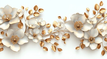 Obraz premium Ornate white gold flower arrangement, delicate metal flowers with intricate stems, minimalistic design, isolated PNG format, pure white backdrop