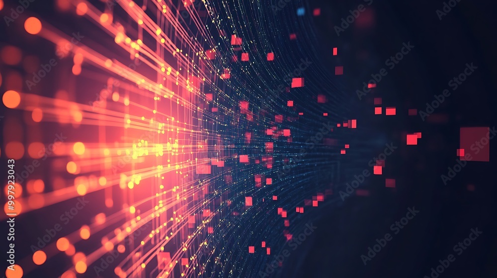 Poster Abstract digital data flow with lines and particles in red and orange colors on dark blue background.