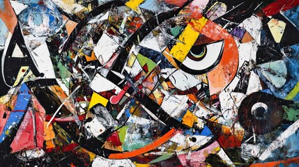 Abstract Oil Painting with Geometric Shapes and a Large Eye