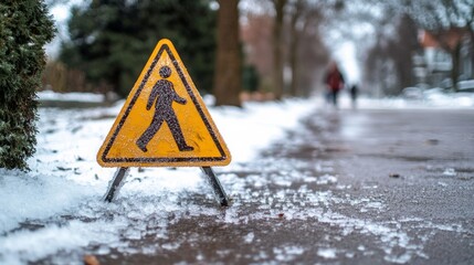 A yellow pedestrian warning sign stands on a snowy path, indicating icy conditions and advising caution for walkers.