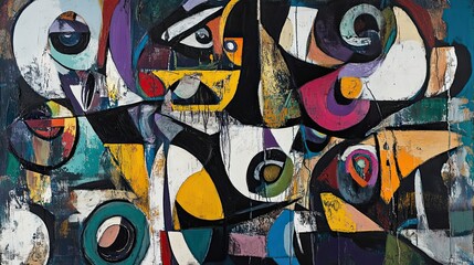 Obraz premium Abstract Painting with Geometric Shapes and Eyes