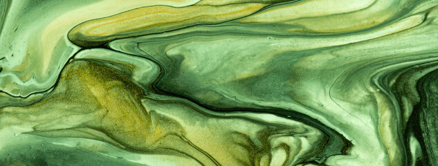 Abstract fluid art background green and emerald colors. Liquid marble. Acrylic painting on canvas with olive gradient