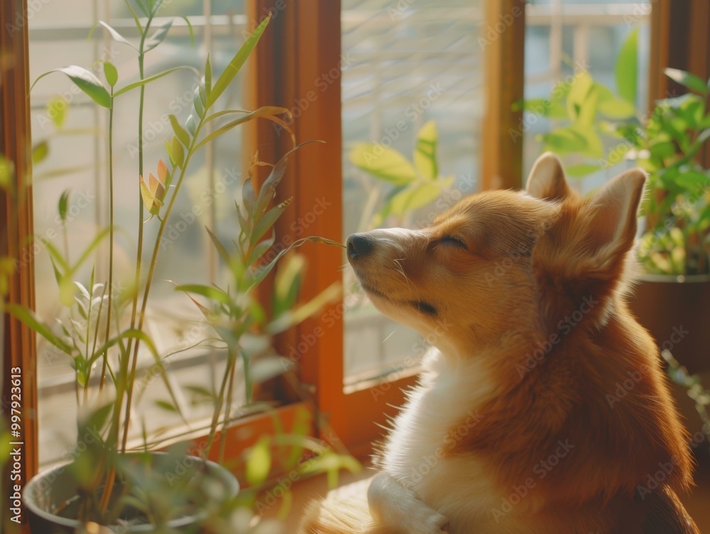 Sticker A dog sits by a window, enjoying the sunshine. AI.