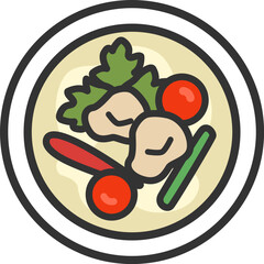 タイ料理の、トムカーガイのアイコン（線画カラー）のイラスト