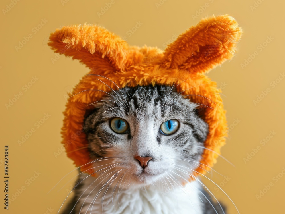 Wall mural A cat wearing a fuzzy orange bunny hat. AI.