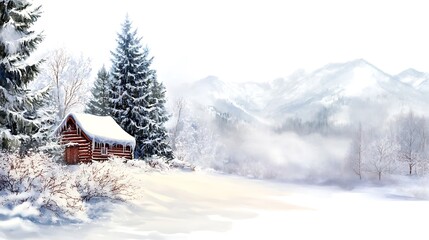 Snowy landscape with a cabin and trees on a blank white page