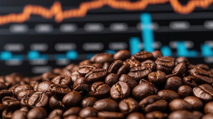 A pile of coffee beans in focus, with a blurred stock market graph showing fluctuating trends in the background.