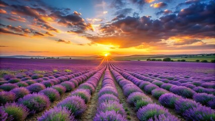 Fototapeta premium Field of lavender under sunset sky with colorful horizon, bird's eye view