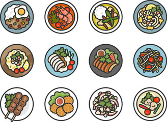 タイ料理のアイコン（線画カラー）のイラストセット