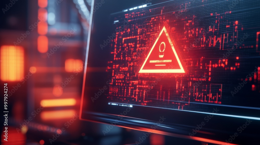Poster a glowing red warning triangle on a digital screen, surrounded by intricate circuitry and a dark, fu