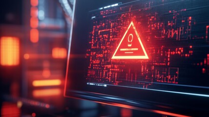 A glowing red warning triangle on a digital screen, surrounded by intricate circuitry and a dark, futuristic background.