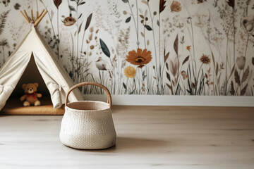 Creative interior concept. Children newborn baby room with empty wicker basket, stuffed bear, tent on wooden floor with natural sunlight. Banner template for product presentation. Mock up for design