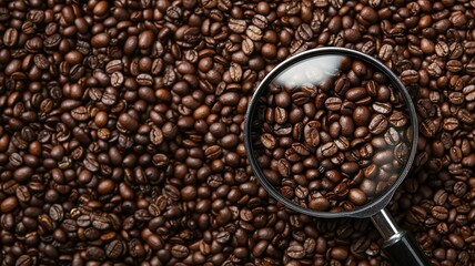 Fototapeta premium A close-up view of coffee beans, showcasing their texture and sheen through a magnifying glass, set against a backdrop of more beans.