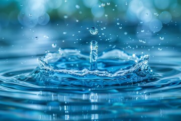 A dropper releases water into a blue liquid, creating a splash and ripples as droplets form and fall in a peaceful environment