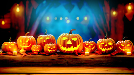 Fototapeta premium Lots of carved glowing pumpkins, Jack-o'-lanterns and colorful fallen leaves on a wooden table and wall, Halloween Party