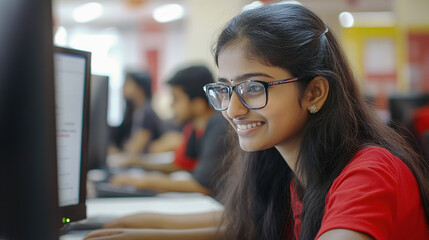 Smiling indian businesswoman working on laptop ，smiling with a poised and approachable expression.