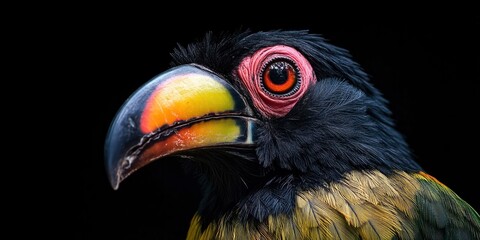 A close-up nature portrait features a vivid curlcrested aracari bird with distinct beak and colourful feathers, against a stark black backdrop