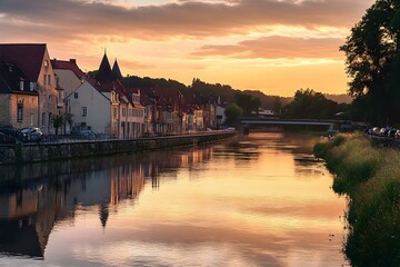 Fototapeta premium Historic town by the river at sunset