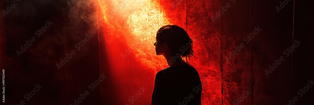 Poster in a dimly lit space, a solitary figure is highlighted by a strong spotlight, evoking feelings of fe
