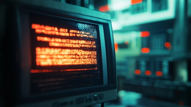 A vintage computer screen displays glitchy red text in a dimly lit room, surrounded by intricate tech elements, evoking a retro, cyber aesthetic.